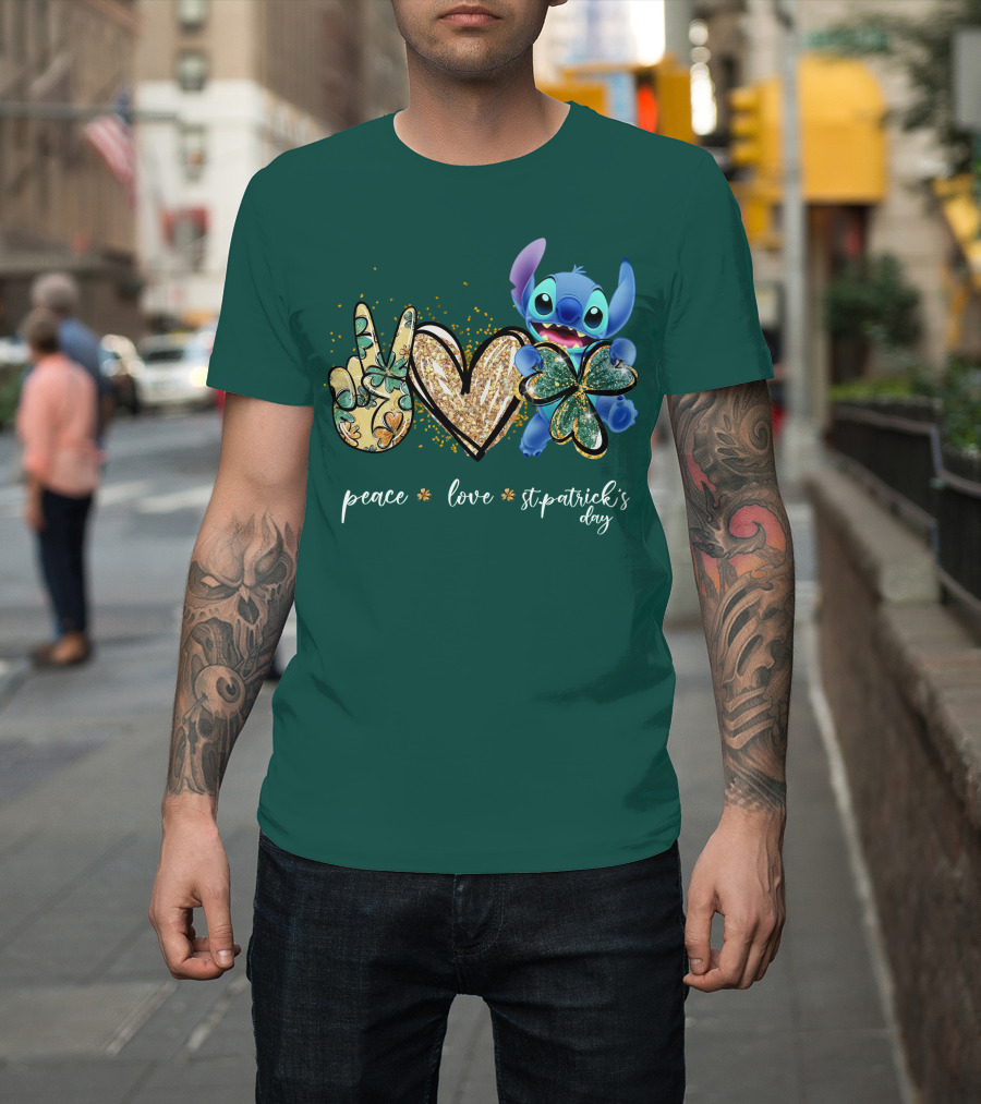 Peace Love St. Patrick's Day Stitch Shamrock Clover T-Shirt