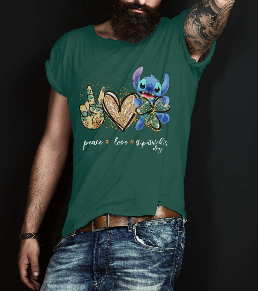 Peace Love St. Patrick's Day Stitch Shamrock Clover T-Shirt