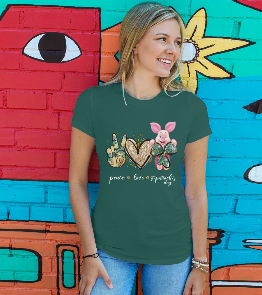 Peace Love St. Patrick's Day Piglet Shamrock T-Shirt