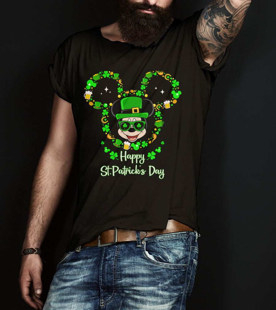 Happy St. Patrick's Day Mickey Graphic With Leprechaun Hat And Shamrocks T-Shirt