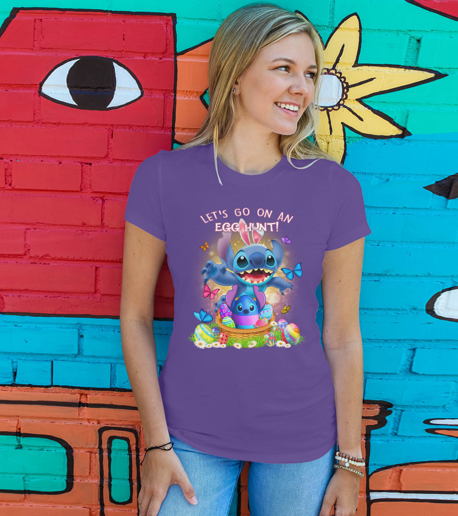 Let's Go On An Egg Hunt With Stitch Basket Of Eggs And Butterflies T-Shirt