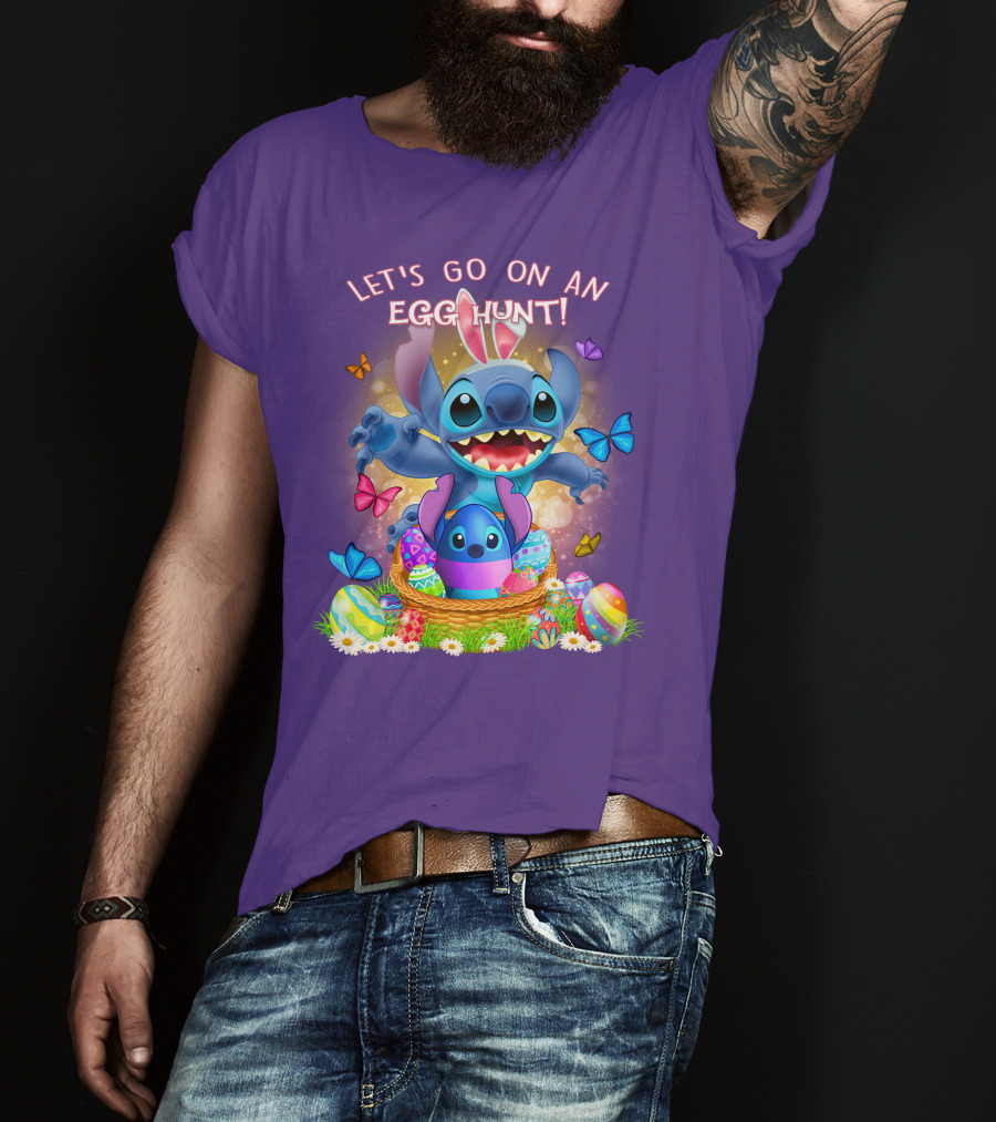 Let's Go On An Egg Hunt With Stitch Basket Of Eggs And Butterflies T-Shirt