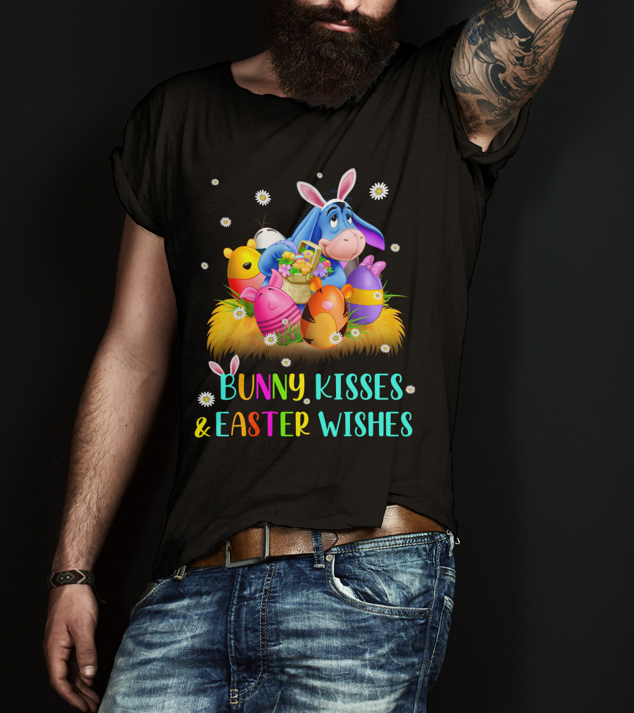 Bunny Kisses And Easter Wishes Eeyore Colorful Eggs Basket T-Shirt