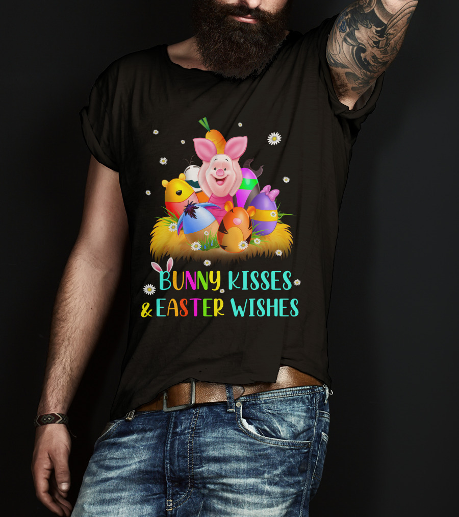 Bunny Kisses & Easter Wishes Piglet Colorful Eggs And Flowers T-Shirt