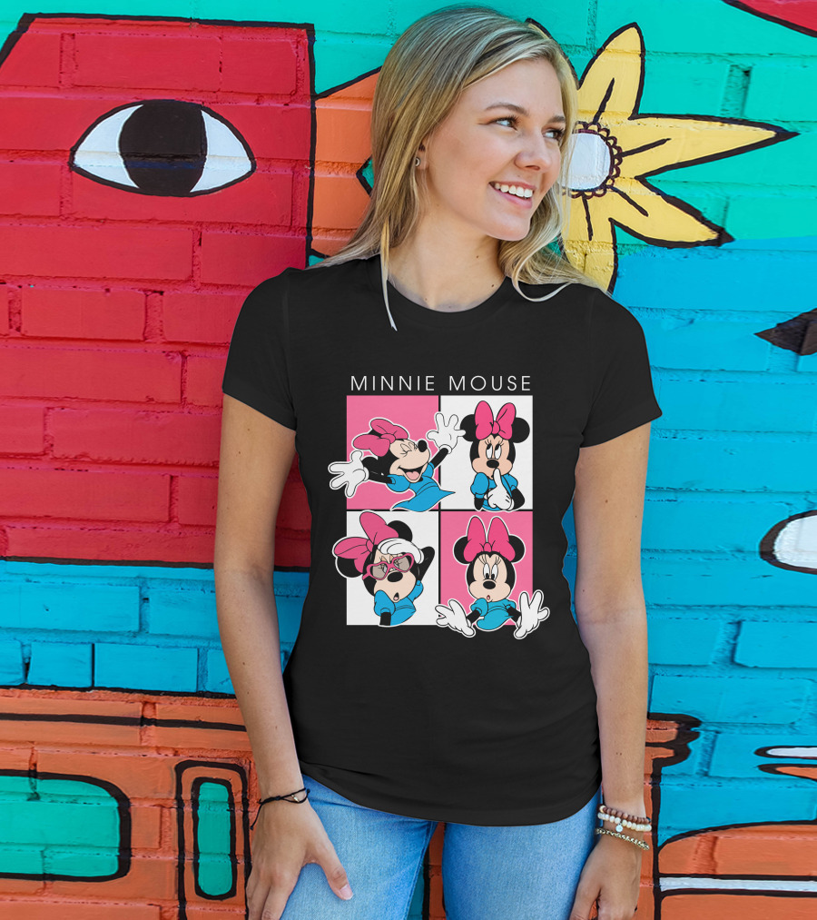 Minnie Mouse Expressive Poses In Blue Dress And Pink Bows T-Shirt