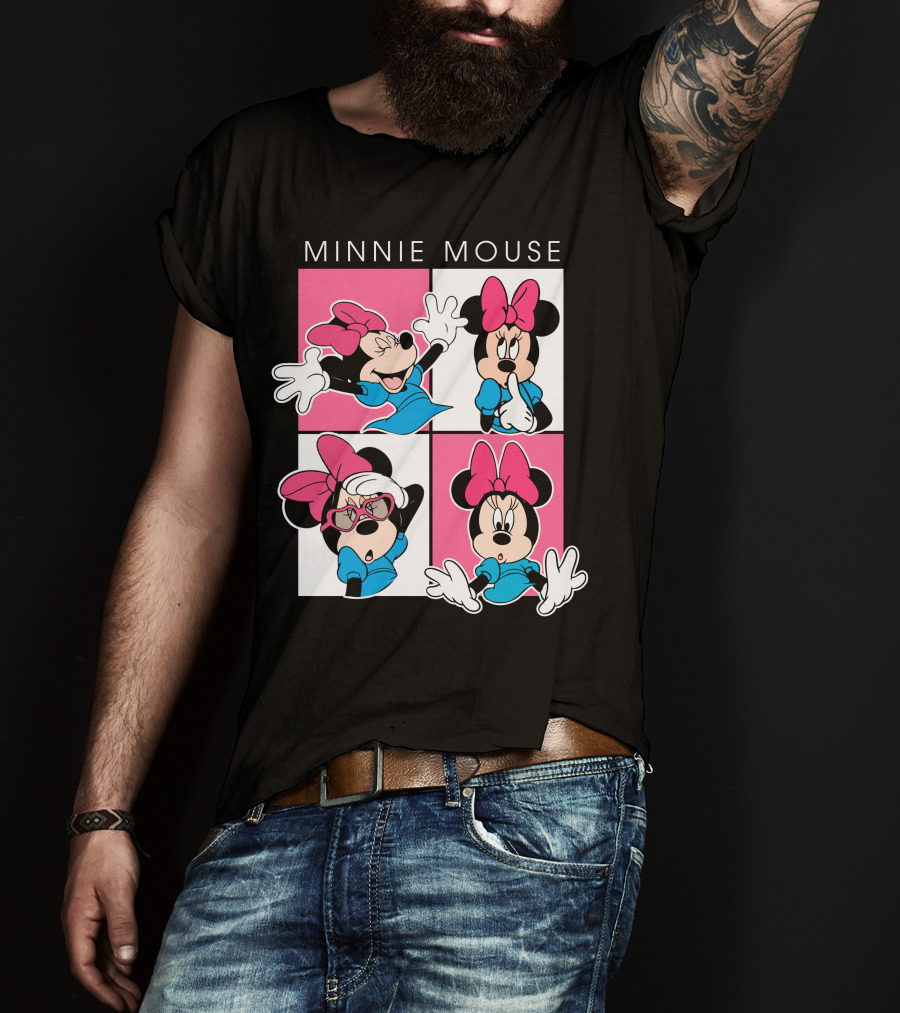 Minnie Mouse Expressive Poses In Blue Dress And Pink Bows T-Shirt