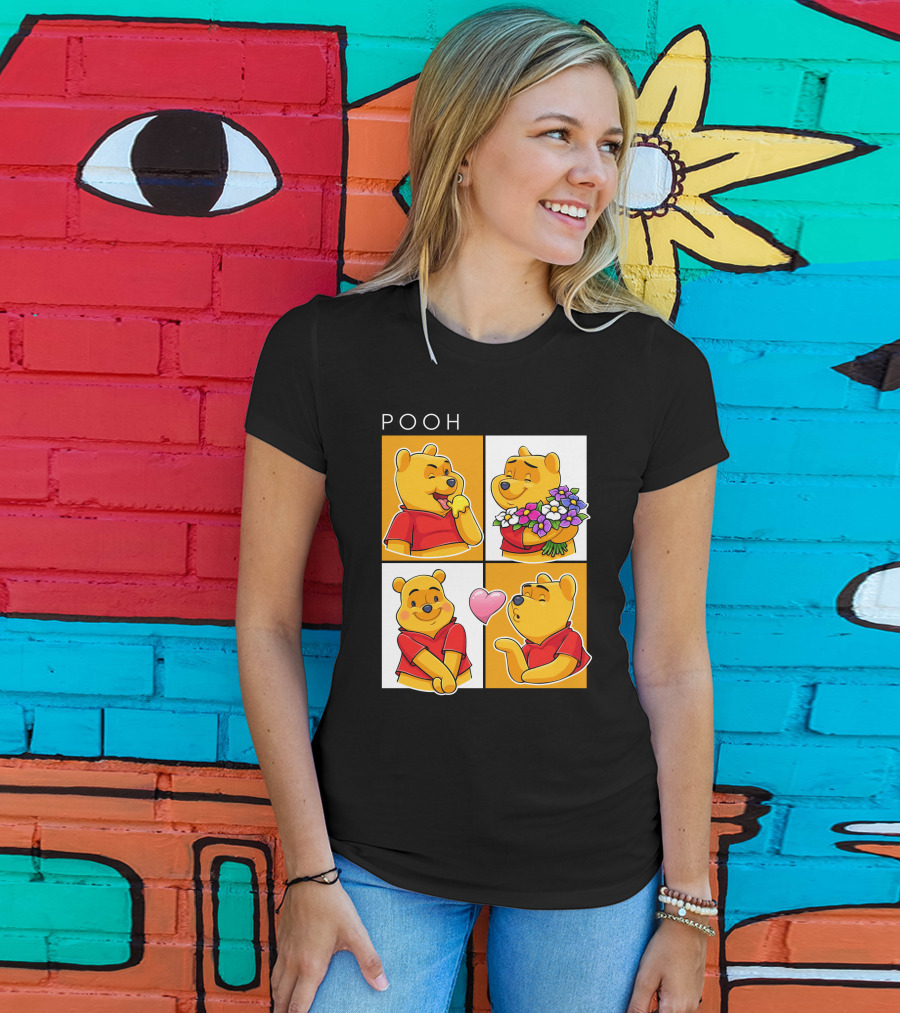 Pooh Cute Expressions And Flowers With Heart T-Shirt