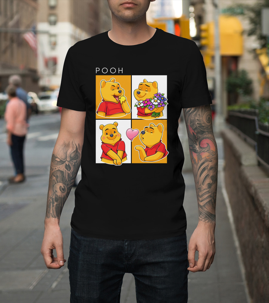 Pooh Cute Expressions And Flowers With Heart T-Shirt