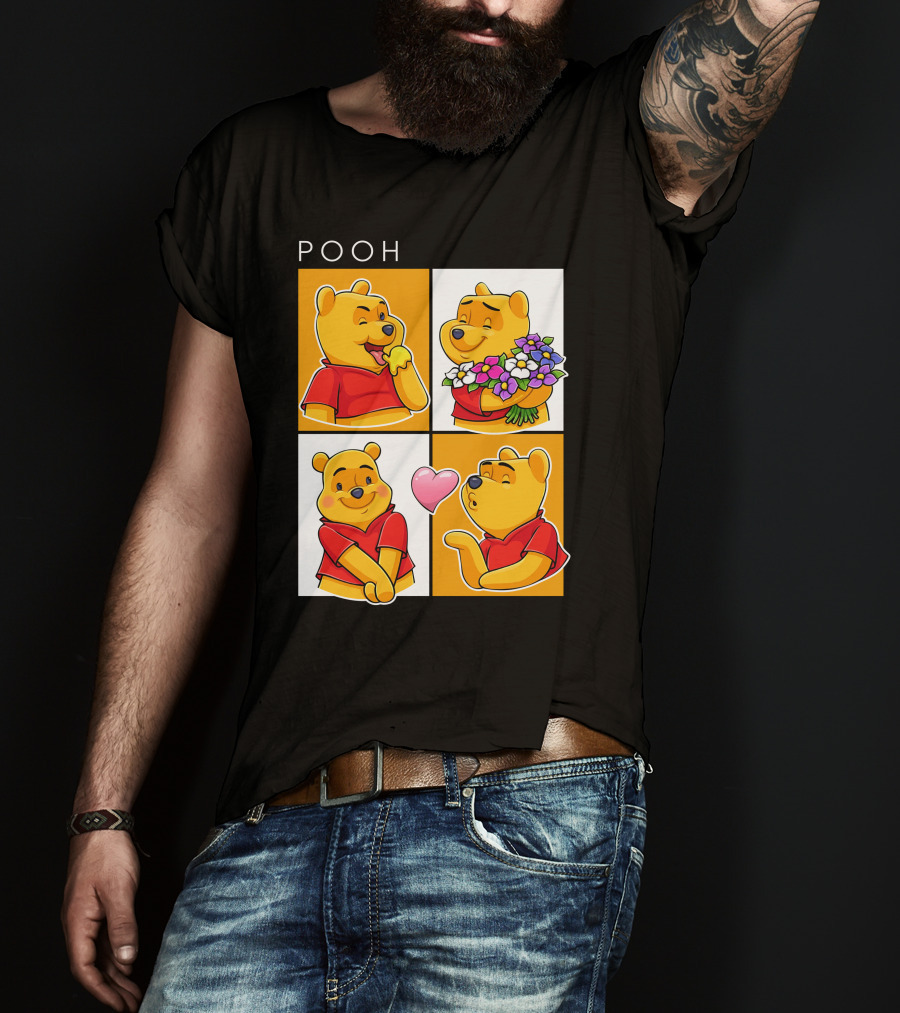 Pooh Cute Expressions And Flowers With Heart T-Shirt