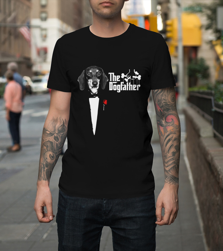 The Dogfather Dashund Tuxedo Rose Puppeteer T-Shirt