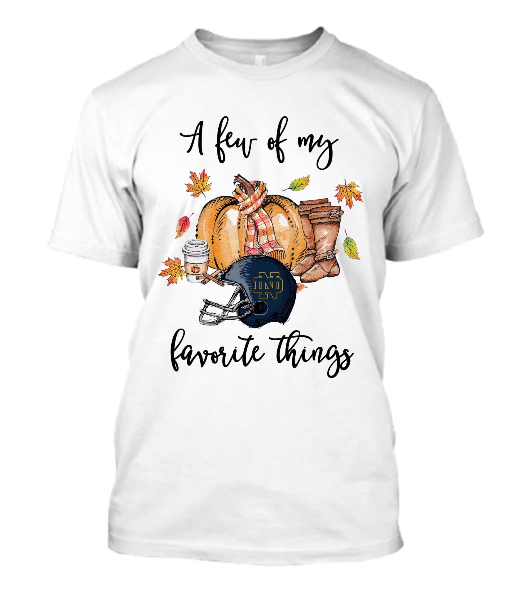 Notre Dame Fighting Irish Helmet Fall Favorites Pumpkin Boots Coffee Leaves T-Shirt