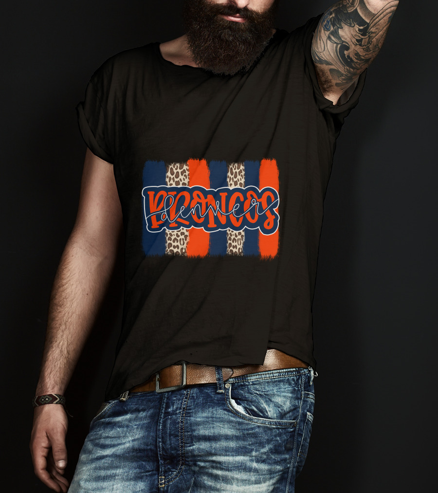 Denver Broncos Handlettered Leopard Stripes T-Shirt