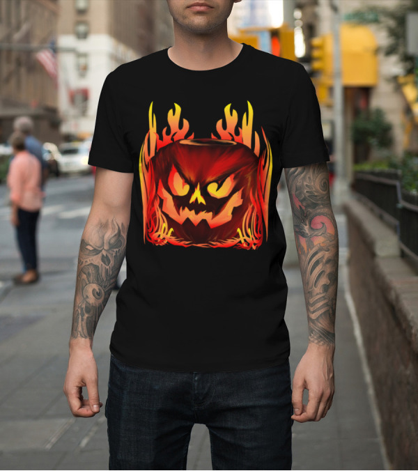 Shirt: Big Flaming Pumpkin Face in Fiery Red and Orange T-Shirt Big Flaming Pumpkin Face in Fiery Red and Orange T-Shirt