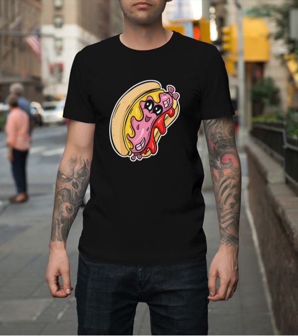 Shirt: Wiener Smiling Hot Dog with Melted Cheese and Ketchup Cartoon Character T-Shirt Wiener Smiling Hot Dog with Melted Cheese and Ketchup Cartoon Character T-Shirt