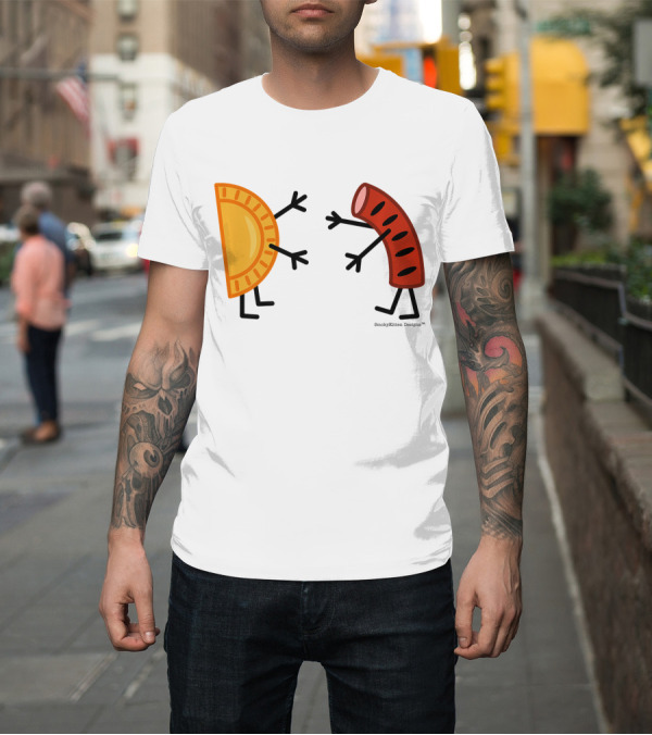 Shirt: Pierogi and Kielbasa Friendly Food Hug Wholesome Cartoon Characters Embrace T-Shirt Pierogi and Kielbasa Friendly Food Hug Wholesome Cartoon Characters Embrace T-Shirt