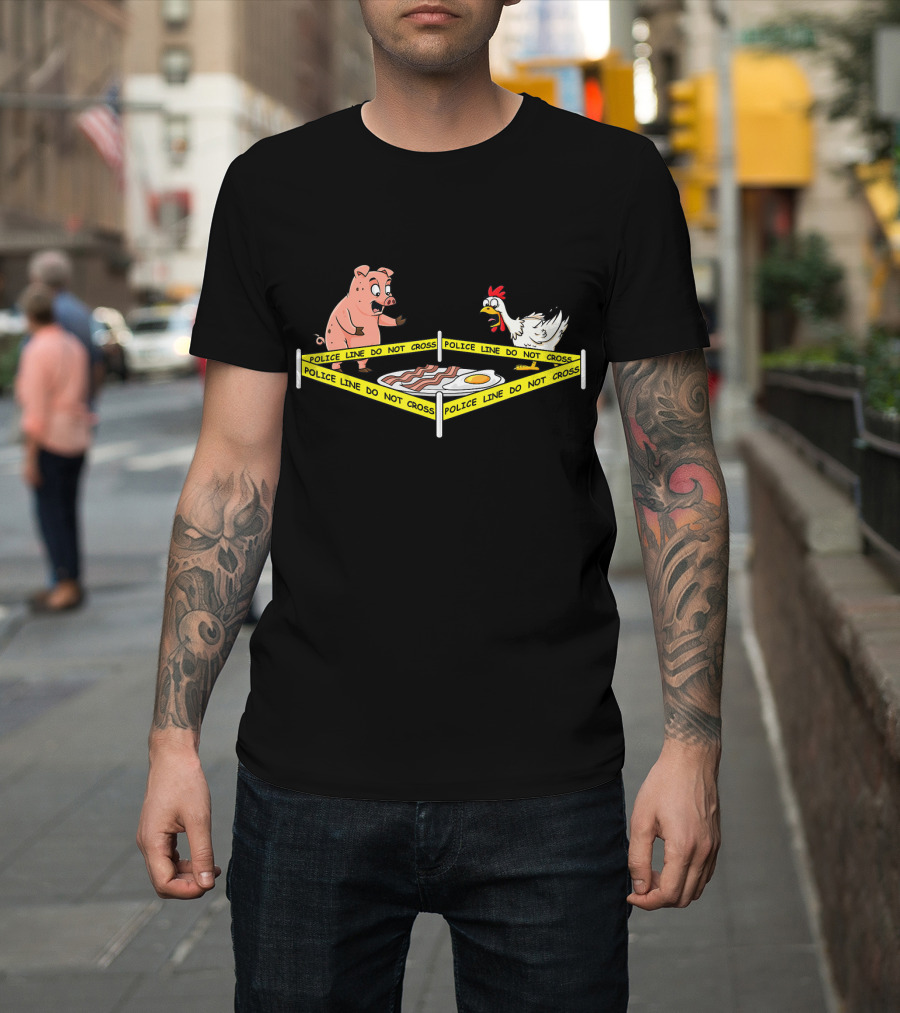 Police Line Do Not Cross Pig And Chicken Staring at Fried Egg and Bacon T-Shirt