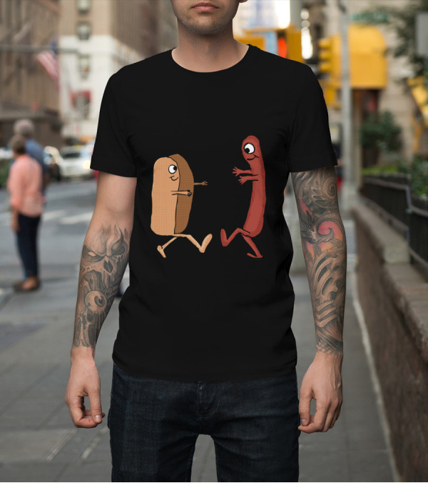Shirt: Wiener and Hot Dog Bun Couple Illustration with Cartoon Characters T-Shirt Wiener and Hot Dog Bun Couple Illustration with Cartoon Characters T-Shirt
