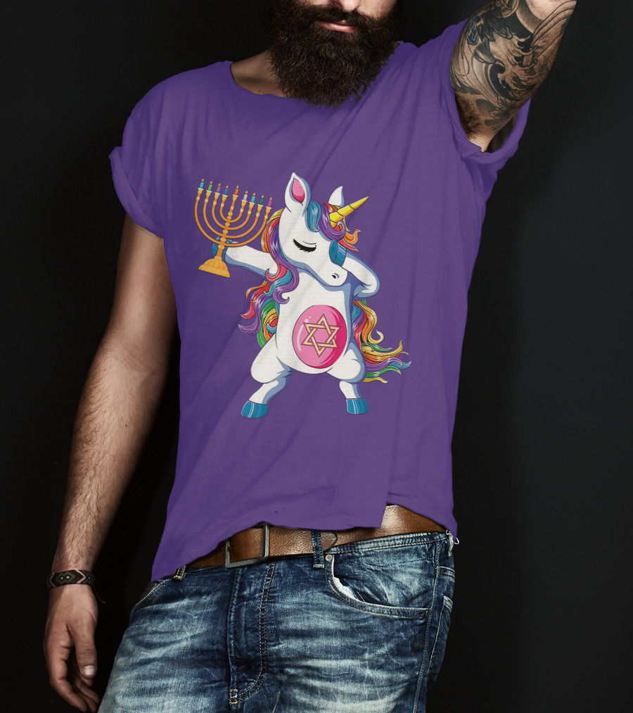 Jewnicorn Hanukkah Unicorn Dabbing With Menorah And Star Of David T-Shirt