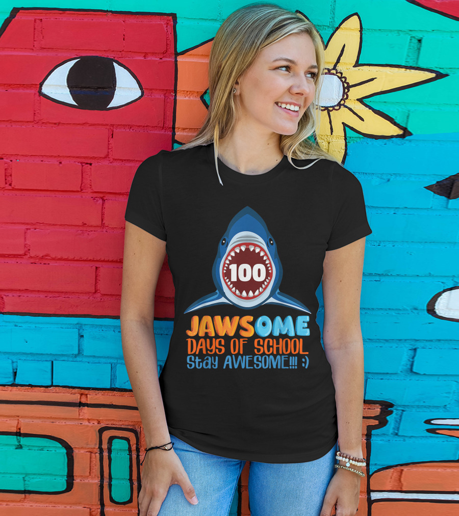 JAWSOME 100 Days Of School Stay Awesome Shark Teacher Child Gift T-Shirt