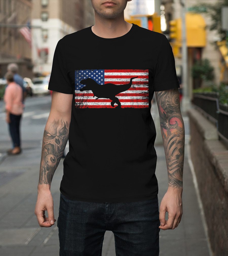 Dinosaur T-Rex American Flag 4th of July T-Shirt