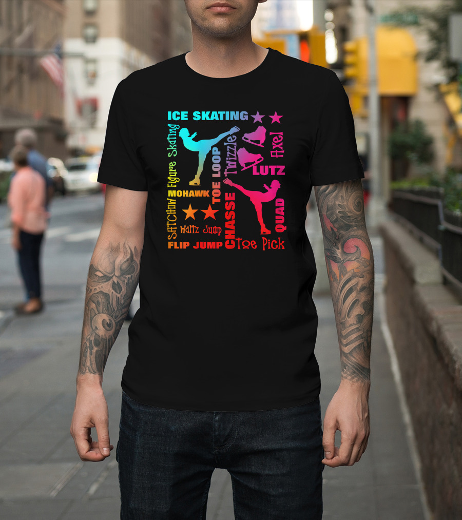 Ice Skating Figure Rainbow Typography Toe Loop Axel Lutz Quad Chasse Toe Pick Mohawk Flip Jump T-Shirt