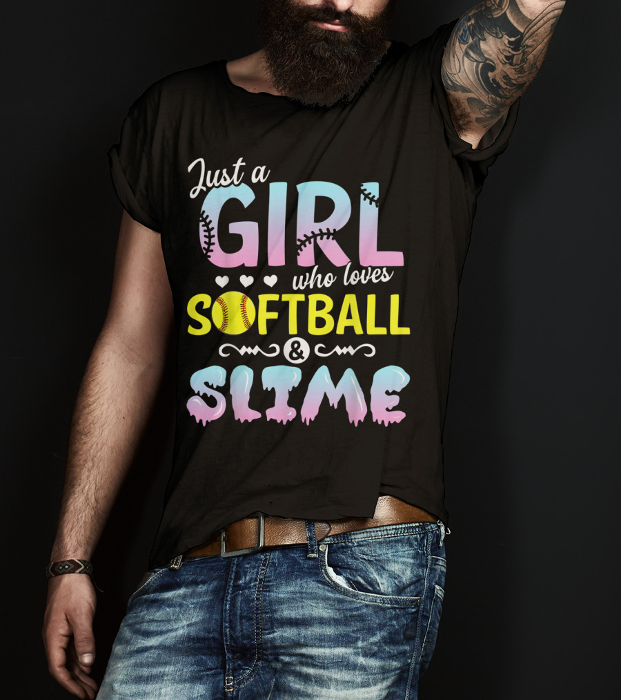 Just A Girl Who Loves Softball And Slime With Pastel Letters And Baseball Stitching T-Shirt
