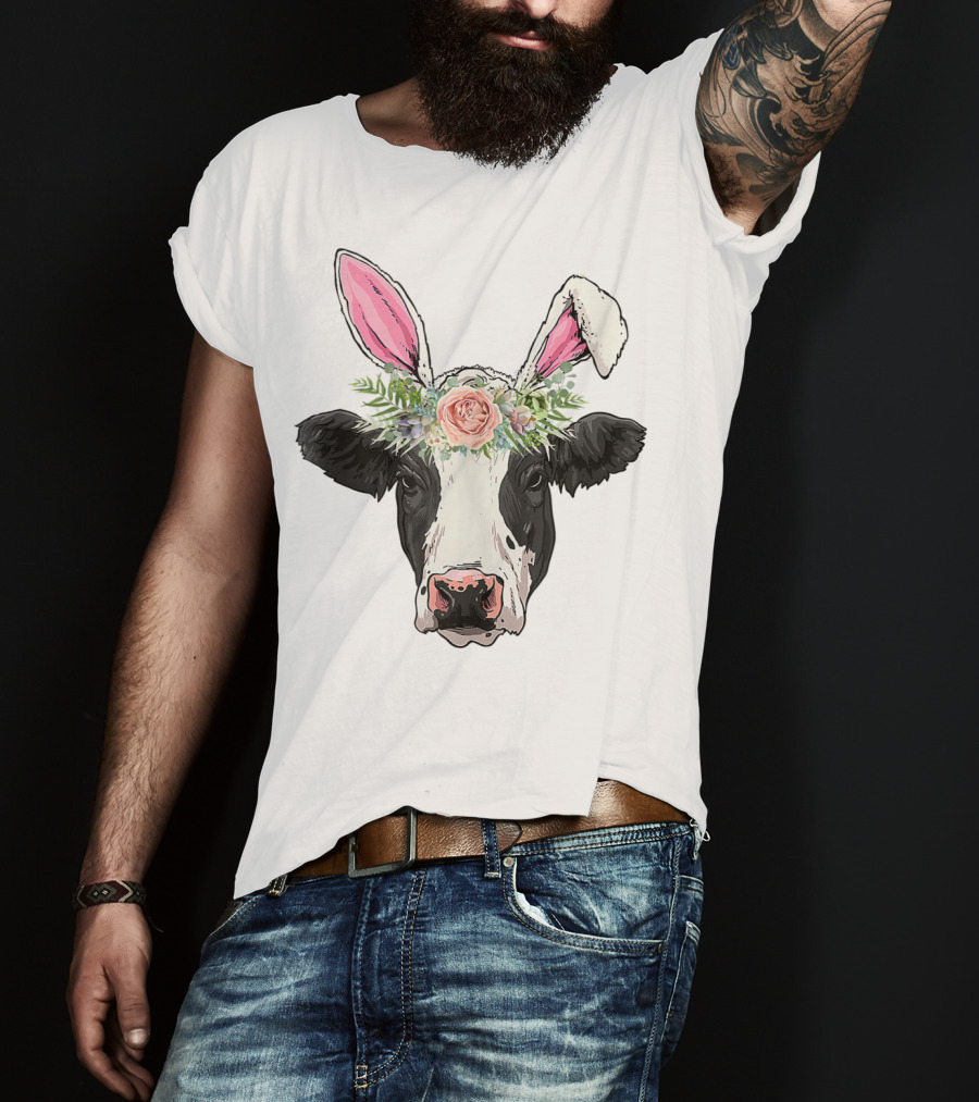 Funny Cow Easter Bunny Flower Crown T-Shirt