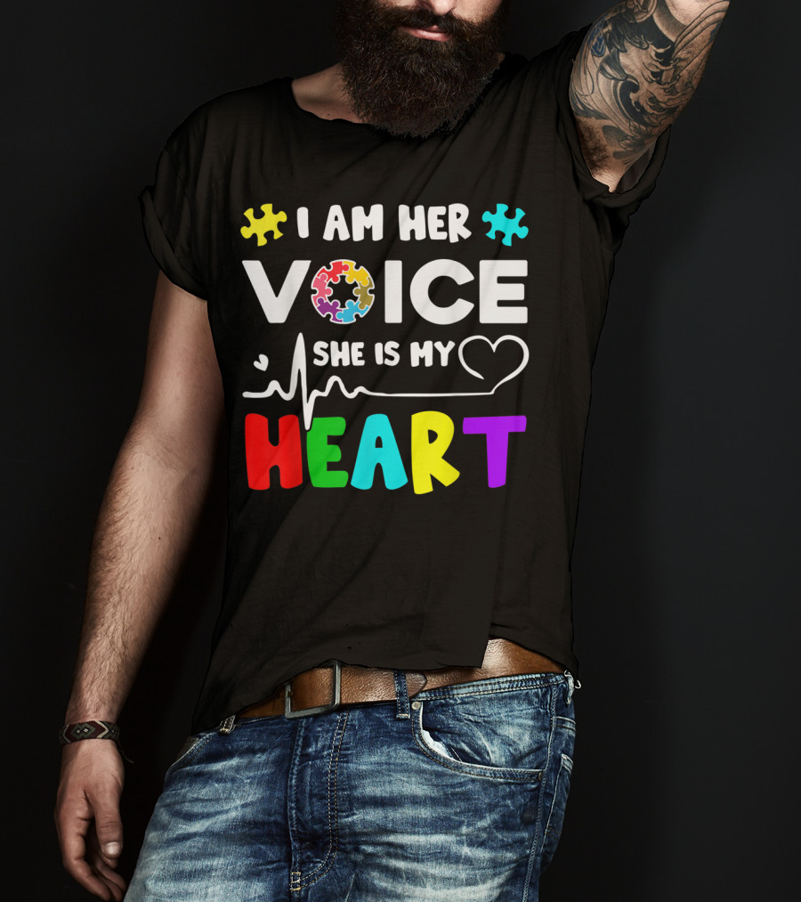 I Am Her Voice She Is My Heart Autism Awareness Puzzle Pieces T-Shirt