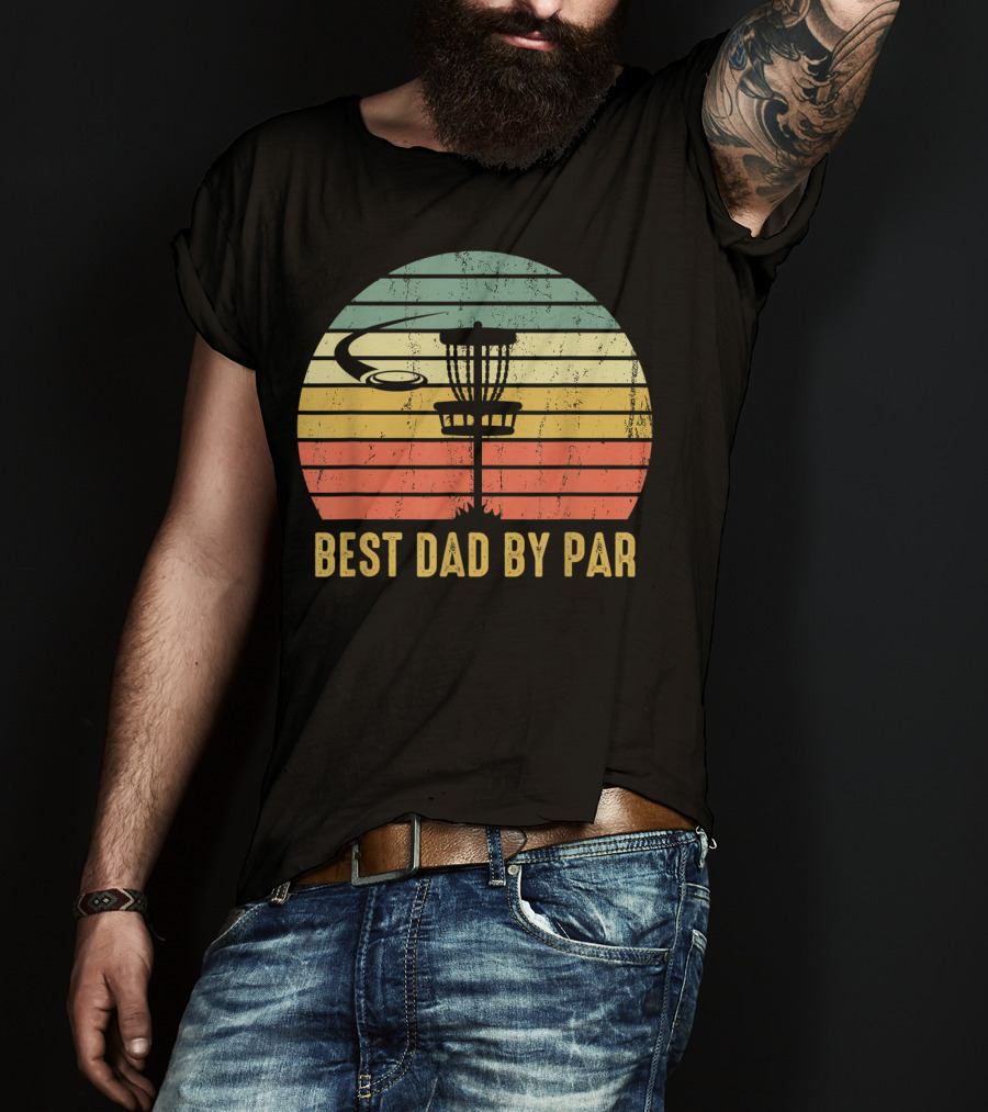 Best Dad By Par Vintage Disc Golf Basket Retro Sunset T-Shirt