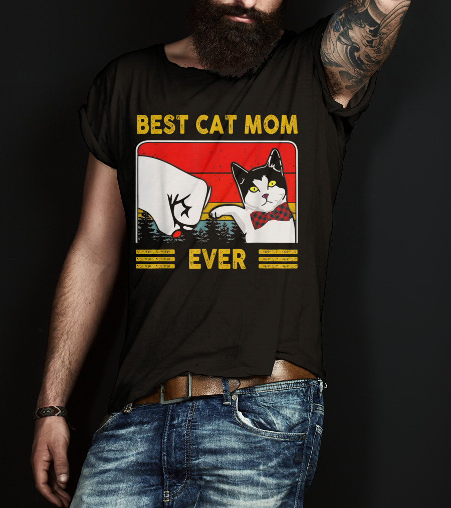 BEST CAT MOM EVER Retro Vintage Cat With Fist Bump And Bow Tie T-Shirt