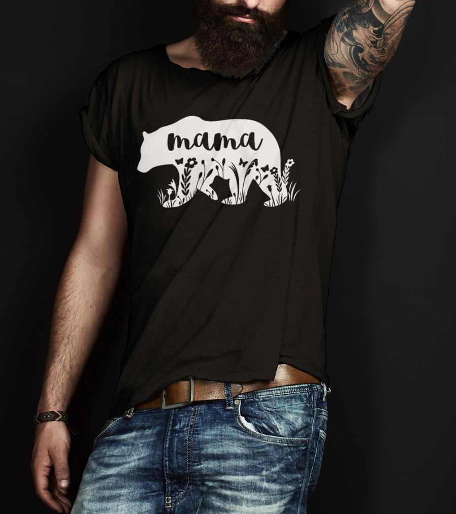 Mama Bear Floral With Flowers And Butterflies Motif T-Shirt