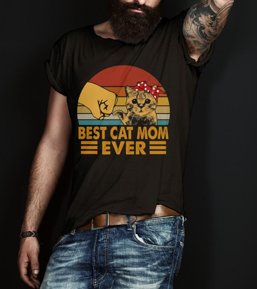 Best Cat Mom Ever Vintage Fist Bump With Cat Bow Stripes T-Shirt
