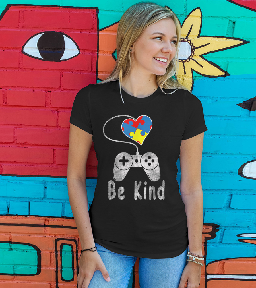 Be Kind Autism Awareness Puzzle Piece Heart Video Game Controller T-Shirt