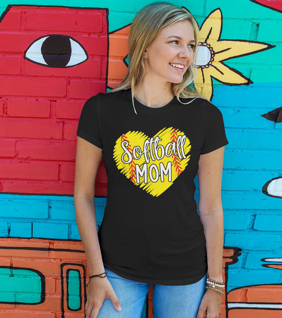 Softball Mom Heart Yellow Red Stitching Baller Mama T-Shirt