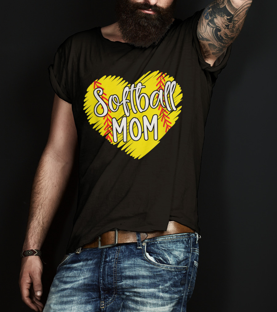 Softball Mom Heart Yellow Red Stitching Baller Mama T-Shirt
