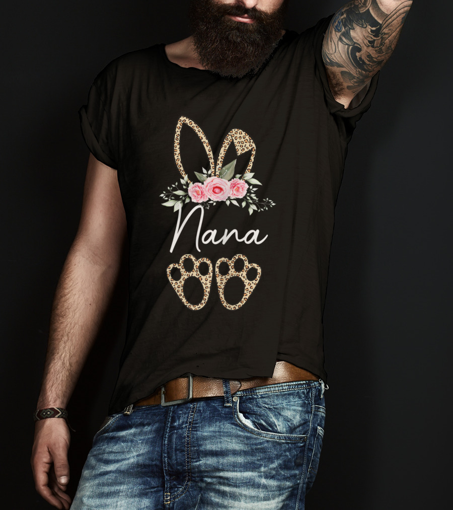 Nana Easter Leopard Print Bunny Ears And Floral T-Shirt