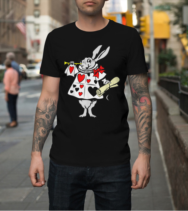 Shirt: Alice in Wonderland White Rabbit Playing Trumpet with Hearts and Scroll T-Shirt Alice in Wonderland White Rabbit Playing Trumpet with Hearts and Scroll T-Shirt