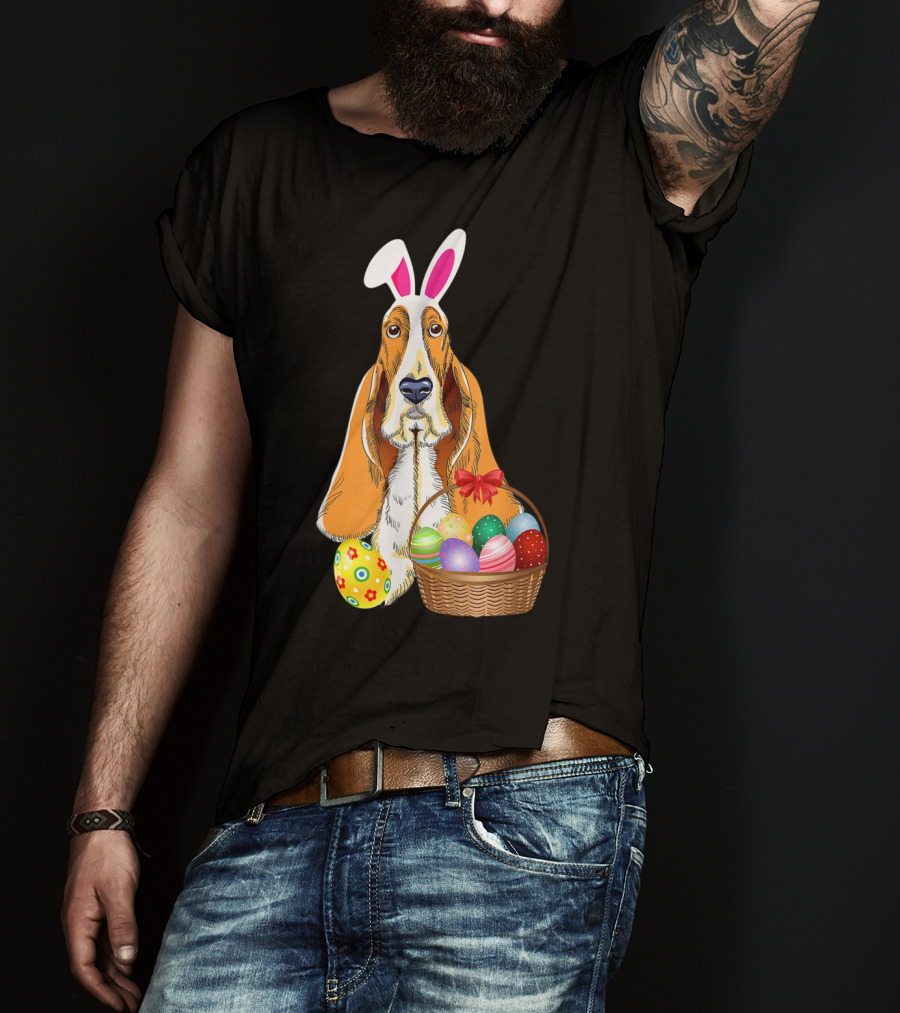 Basset Hound Bunny Rabbit Hat With Easter Eggs Basket T-Shirt