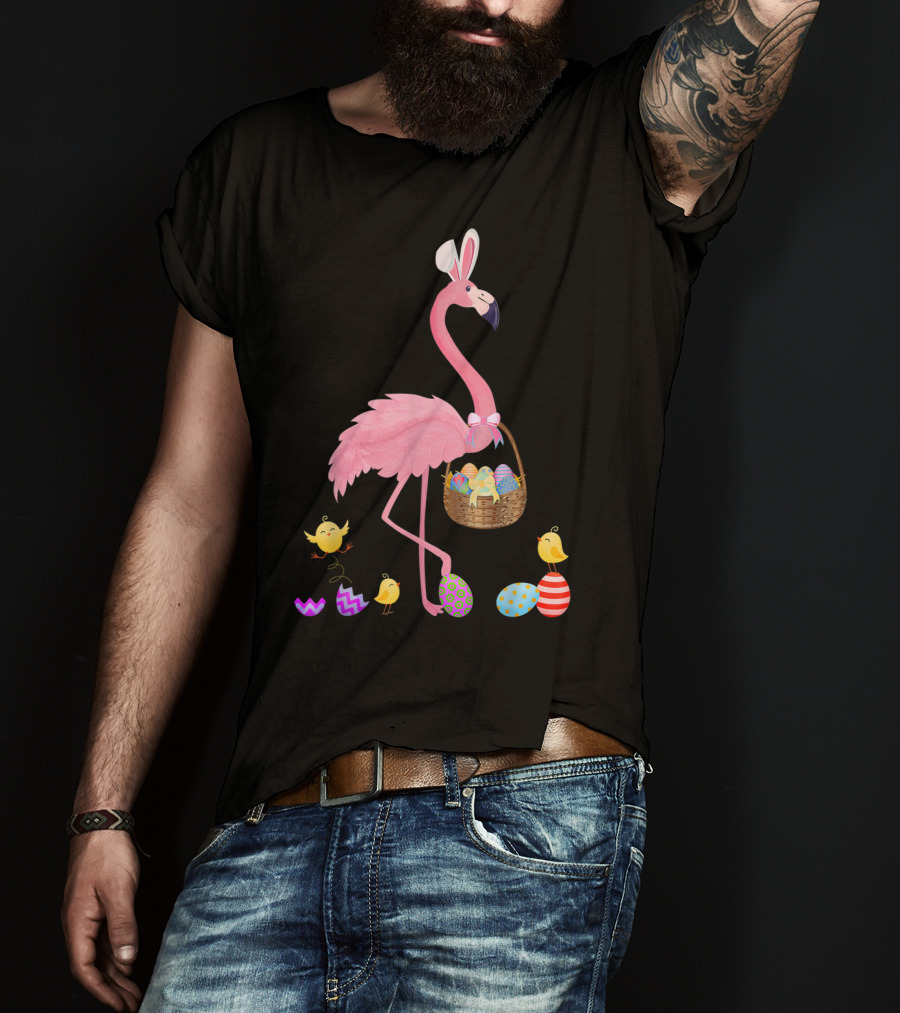 Pretty Easter Flamingo With Basket And Colorful Eggs T-Shirt