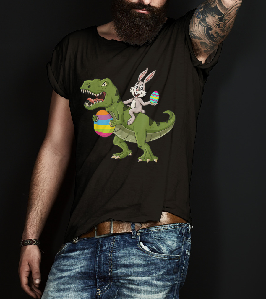 Rabbit On Dinosaur Holding Colorful Easter Eggs T-Shirt