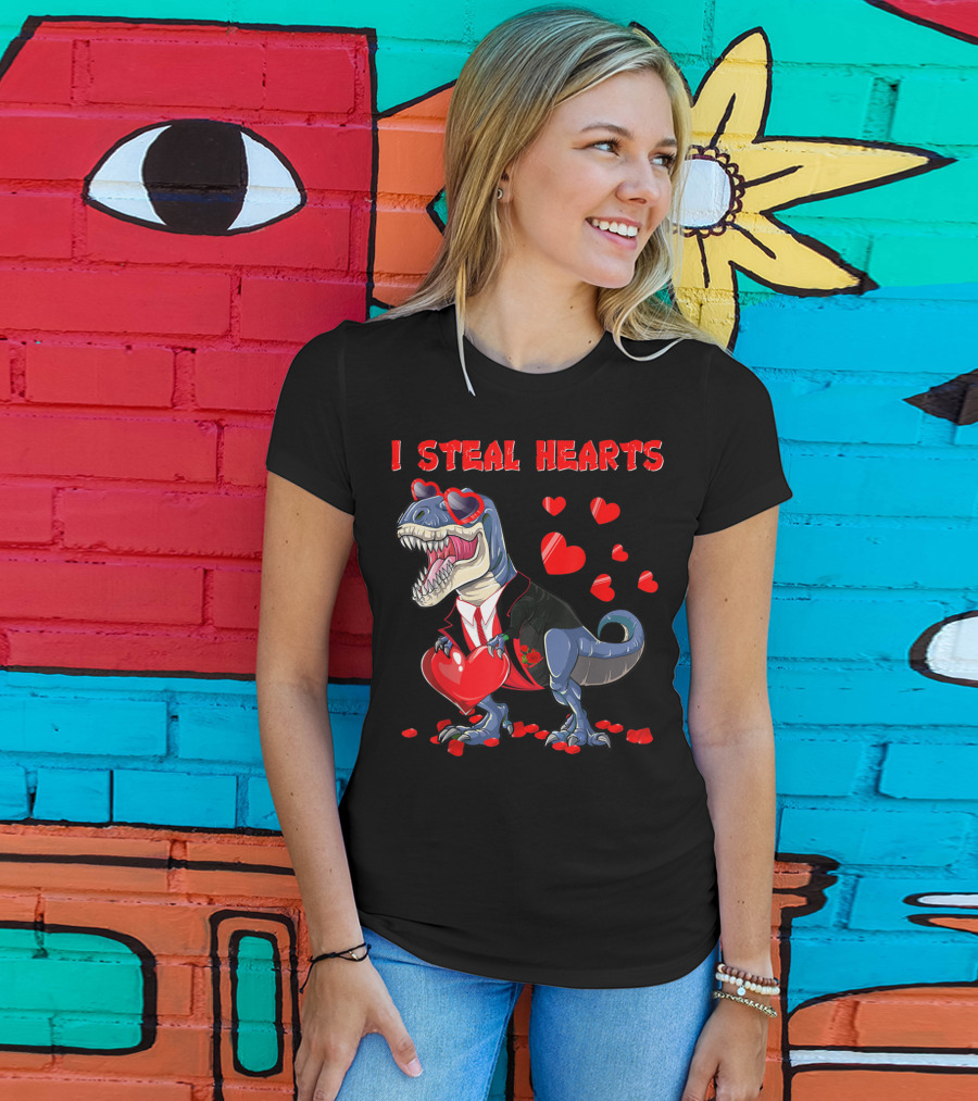 I Steal Hearts Valentines Day Dinosaur In Tuxedo With Hearts T-Shirt