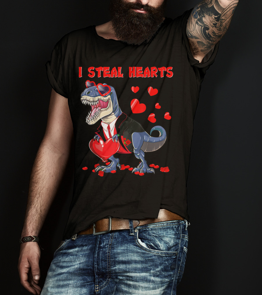 I Steal Hearts Valentines Day Dinosaur In Tuxedo With Hearts T-Shirt