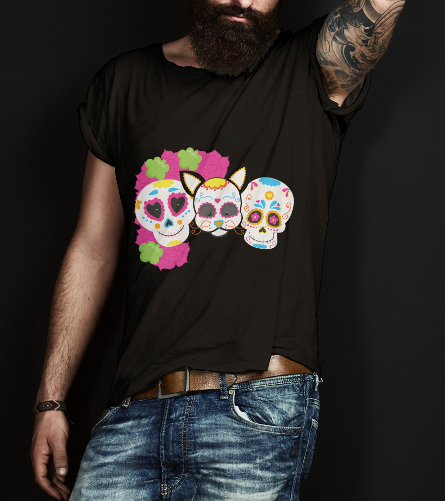 Sugar Skull Cat With Flowers Day Of Dead Floral Skulls T-Shirt
