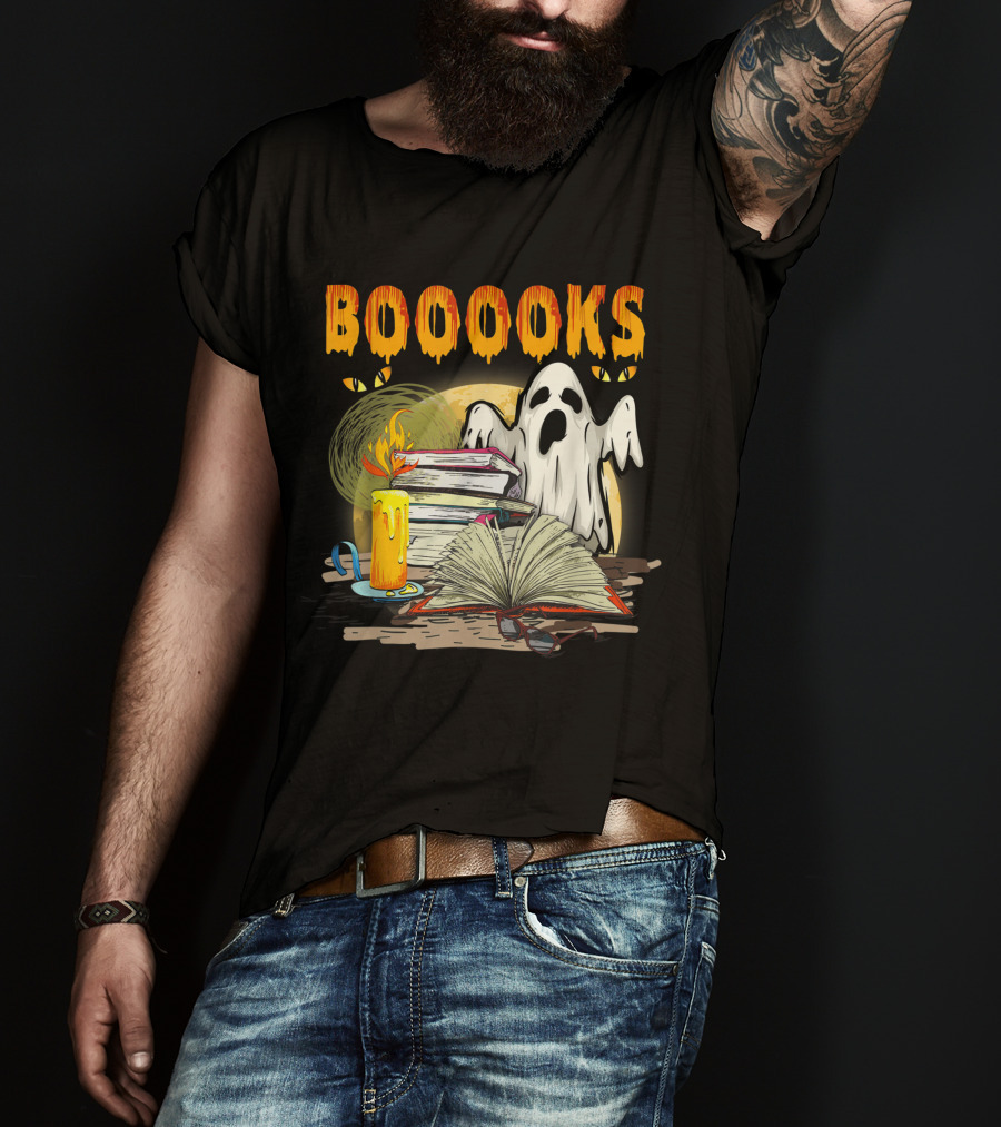 BOOOOKS Cute Ghost With Candles And Stacks Of Books T-Shirt