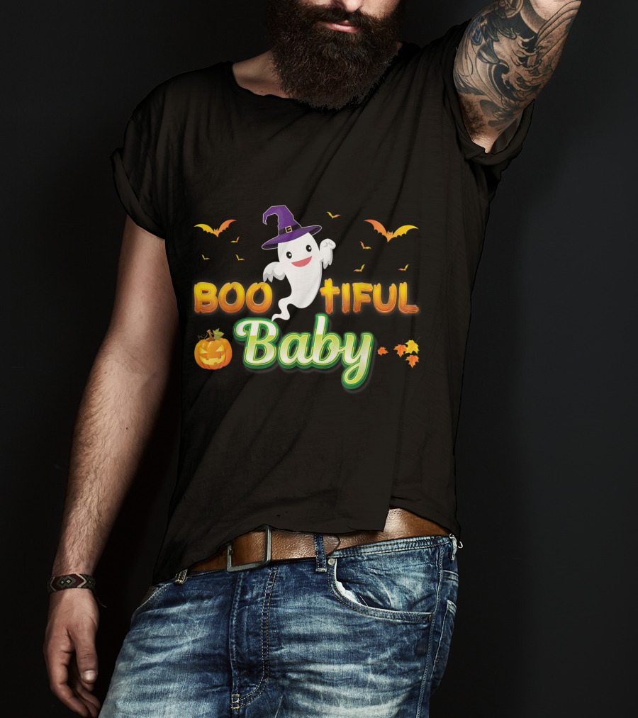 Bootiful Baby Cute Boo Ghost With Witch Hat And Pumpkin T-Shirt