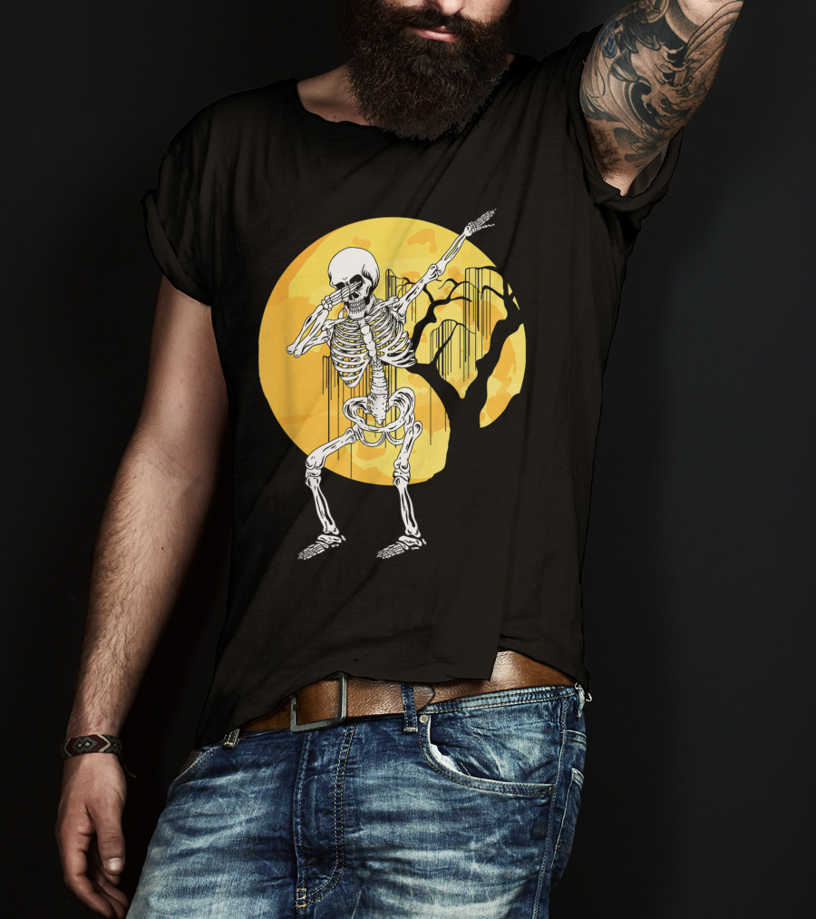 Dabbing Skeleton In Front Of Yellow Moon With Tree T-Shirt