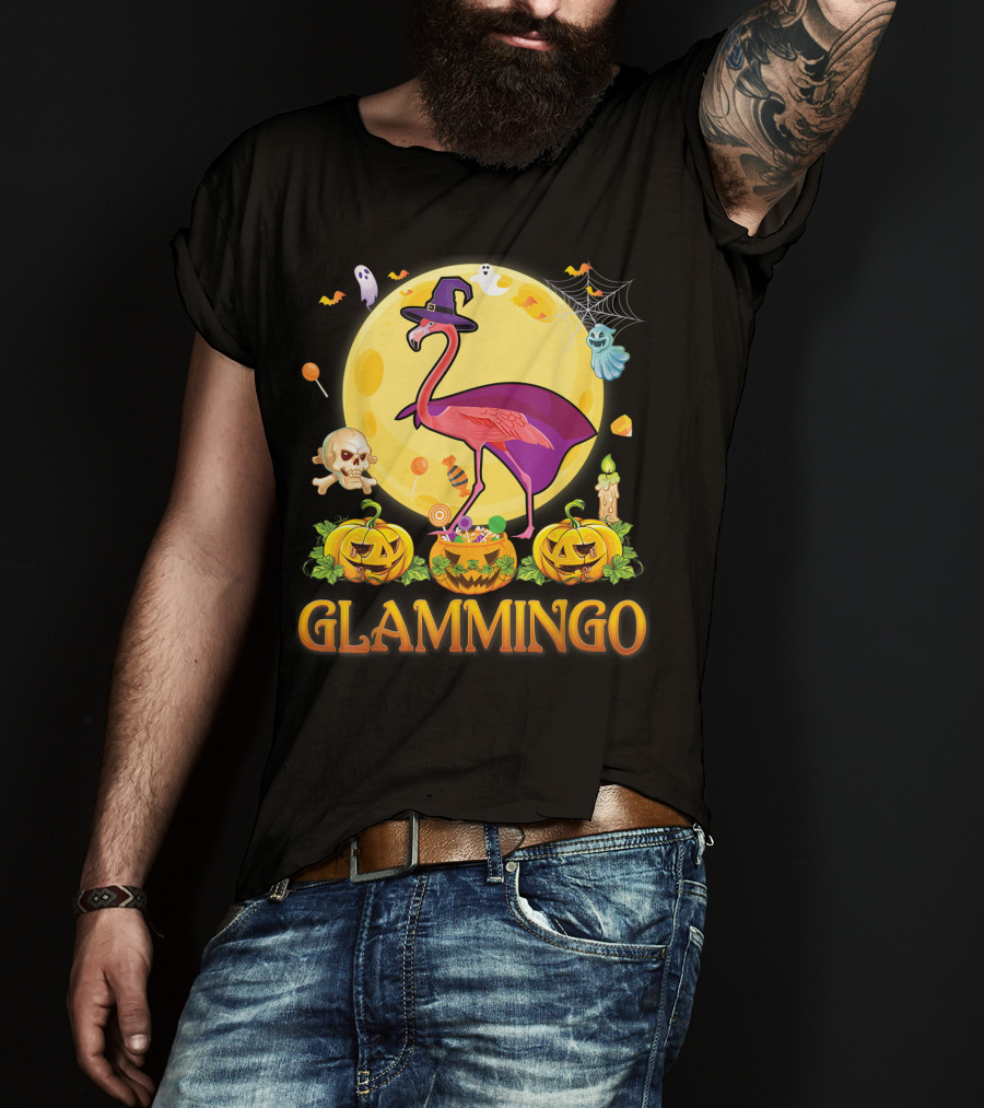 Glammingo Witch Flamingo Halloween Pumpkin Moon Ghosts Skulls Candy T-Shirt