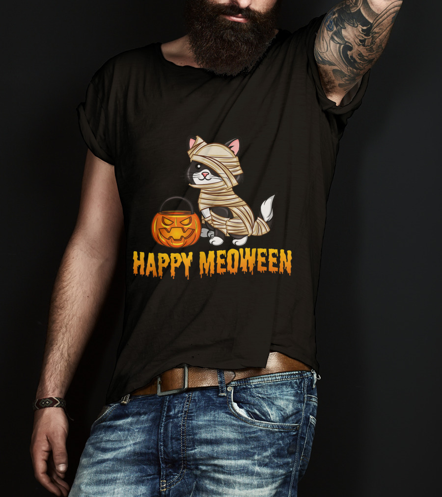 Happy Meoween Cute Cat Mummy With Pumpkin T-Shirt