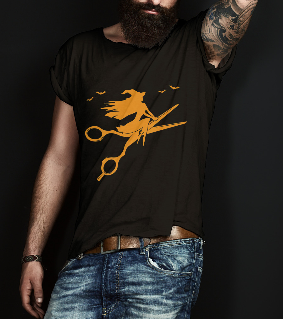 Witch On Scissors Broom With Bats Hair Stylist T-Shirt