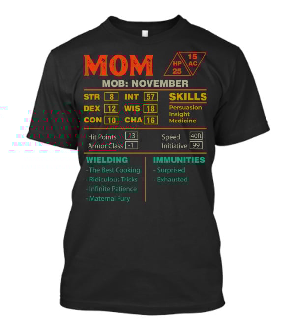 Mom Character Stats Sheet November MOB Skills And Abilities T-Shirt